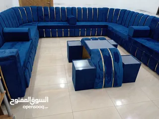  3 مجلس خليجي تفصيل خشب سويد كامل اسفنج ظغط 12 جديد 20مقعد مع 5 مراكي و5 طاولات جمل