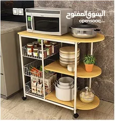  4 ستاند المطبخ العملي ب 3 رفوف خشبية وسلتين جانبيتين هيكل معدني ورفوف خشب