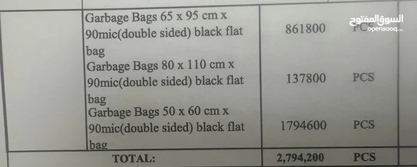  3 T Trash Bags - 60,000 kg in Various Sizes OM 0 .35  per kg
