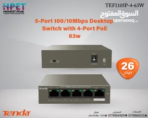  1 محول 63w Tenda TEF1105P-4-63W 5-Port 10/100Mbps Desktop Switch with 4-Port PoE