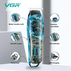  2 في جي ار ماكينة حلاقة الشعر الكهربائية الاحترافية V-923 مع شاشة LED رقمية لتشذيب اللحية للرجال،