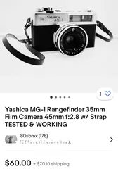  3 كاميرا فنتيج قديمة Yashica mg-1 جلد باللون الأسود معها حزامها شغالة للبيع   بدون شريط فيلم