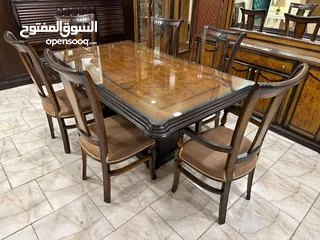  8 غرفه سغره مكونه من طاوله سفره 6 كراسي ودنسوار وفضيه خشب زان وجه زجاج حراري