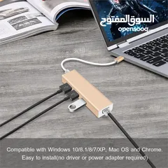  8 Convert Type-C3.0 to 3 Ports HUB with Gigabit Ethernet Adapter هب تايب سي تو يو اس بي  يدعم ماك بو-
