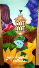  1 Oil painting of a beautiful scenery with bridge flowers and nature bright colour 30cm×60cm canvas