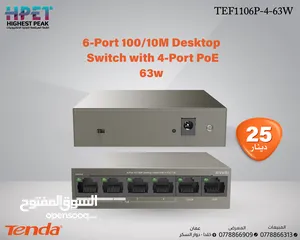  1 Tenda TEF1106P-4-63W محول 10/100M مزود بـ 6 منافذ مع 4 منافذ PoE