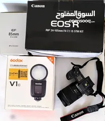  1 Camera Canon R + Lens RF 24-105 + Lens 85 1.8 + adapter + Flash Godox V1