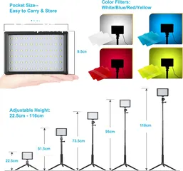  2 2 حزمة من مصابيح فيديو LED USB 5600K قابلة للتعتيم مع حامل ثلاثي القوائم قابل للتعديل ومرشحات ألوان