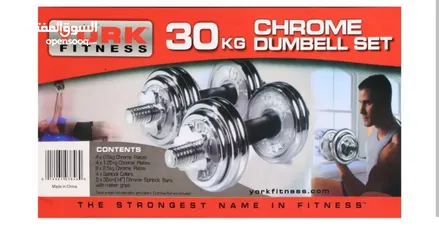  2 30 kg dumbbells new only silver cast iron with the bar connector and the box