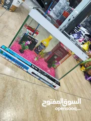  4 حوض سمك مجهز بالكامل ، احجار انارة لد + شبكة صيد + انتي كلور + اكل+ فلتر+ عشب المقاسات بالوصف