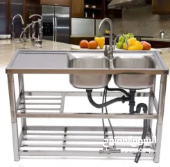  2 مجلى ستانلس ستيل حوضين مع رفوف وحنفية مكفول