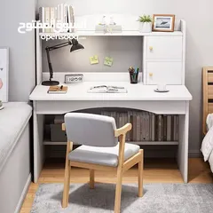  2 مكتب فخم مع رفوف وخزانتين جانبية   متوفر باللون الأبيض واللون الخشبي   بدون كرسي