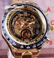 4 ؜ساعة ميكانيكية أوتوماتيكية أنيقة للرجال - أسلوب فينتاج، تصميم مجوف، سوار وحافظة من سبيكة