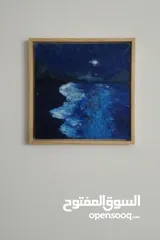  1 لوحة أكريلك معاصرة رسم يدوي بإطار خسبي.. امواج سحرية