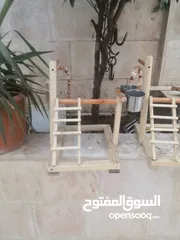  8 ستاندات ببغاء أحجام وأشكال مختلفة من الخشب ومن المعدن متحركه بعجلات وبدون مع صينية واكواخ كلاب