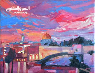  1 لوحة فنية انطباعية لقبة الصخرة عند الغروب