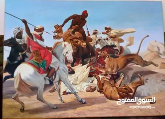  2 لوحة زيتية مستشرقين، رسم يدوي-صياد الأسود Horace Vernet