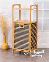  2 سله غسيل خشب بامبو مع رفوف لاكثر من استخدام وكمان مع قطعه قماش قابله للازاله والغسل مع غطاء