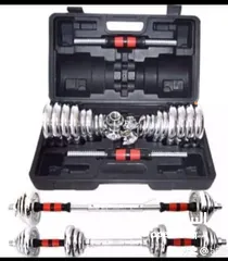  8 New dumbbells box 20 KG with the bar connector and the box new only  15 kd only  silver cast iron