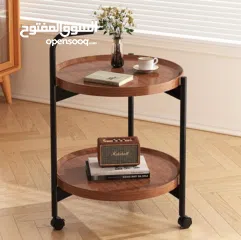  1 طاولة جانبية متحركة مع بكرات – طاولة قهوة دائرية   طاولة قهوة صغيرة بعربة من طبقتين
