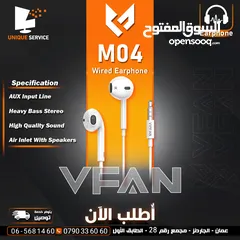  1 سماعه اذن اصلي  مدخل AUX 3.5 عالي الجودة  AUX Input VFan M04 Earphone Original Lightning Chip