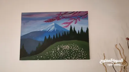  1 لوحة جبلية فنية بألوان هادئة – رسم يدوي مميز - رسم لوحات