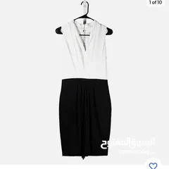  1 H&M Women's Dress Ivory Black Stretch V-Neck Pleated Sleeveless Pencil Bodycon L