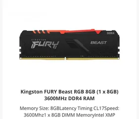  1 قطعتين Kingston FURY Beast RBG 8GB 3600MHz DDR4 RAM
