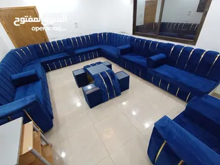  5 مجلس خليجي تفصيل خشب سويد كامل اسفنج ظغط 12 جديد 20مقعد مع 5 مراكي و5 طاولات جمل