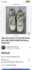  1 حذاء Nike Air Jordan 4 IV Sail Off White مقاس 11W 9.5M CV9388-100 Retro Virgil OW