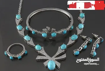  4 نسائي فضة مع الحجر الفيروز الطبيعي صناعة يدوية فاخرة  المقاس وسط،مناسب لهواة الاحجار الطبيعية والمجو