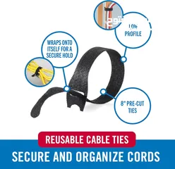 2 Cable Ties, 100Pk, 8 x 1/2" Black Cord Organization Straps, Thin Pre-Cut Design, Wire Management for