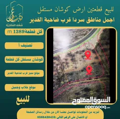  5 ‎#للبيع قطعتين #ارض في#سردا مساحة كل قطعة 1389m قرب ضاحية الغدير طابو مستقل تصلها كافة