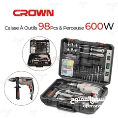  2 Crown Caisse À Outils 98Pcs Avec Perceuse 13mm 600W Crown CK10-XA98 GRIS