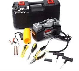  2 وفرنالكم صندوق مستلزمات السيارة  تحتوي الشنطة على منفاخ سيارة جبار برأسين المنيوم اصلي2 سلندر