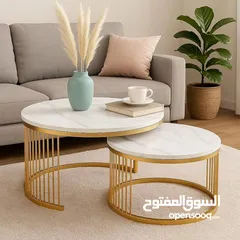  1 طاولات مودرن متداخلة فخمة تصميم راقٍ يجمع بين البساطة والأناقة، سطح رخامي أبيض بنقشة طبيعية