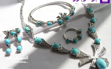  3 نسائي فضة مع الحجر الفيروز الطبيعي صناعة يدوية فاخرة  المقاس وسط،مناسب لهواة الاحجار الطبيعية والمجو