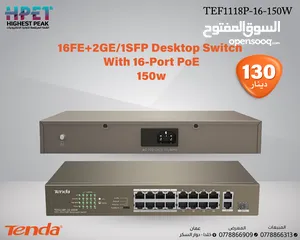  1 محول 150w Tenda TEF1118P-16-150W 16FE+2GE/1SFP Desktop Switch with 16-Port PoE