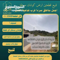  1 ‎#للبيع قطعتين #ارض في#سردا مساحة كل قطعة 1389m قرب ضاحية الغدير طابو مستقل تصلها كافة
