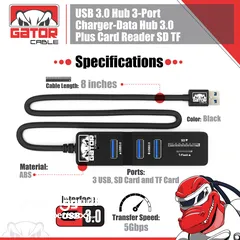  5 USB 3.0 Hub 3 Port Charger Data Sync SD TF Card Reader for PC Mac Laptop Desktop