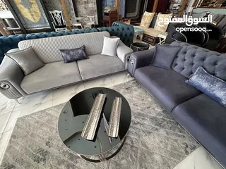  6 Elegant Turkish Sofa Set - 2 Three-Seater Sofas + 2 Armchairs, Grey & Navy Blue