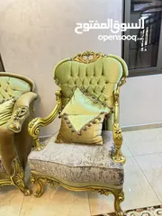 10 كنب مصري دمياطي مريح جدًا محفر لون اخضر و بيج محفر ذهبي عدد 7مقاعد + طاولة