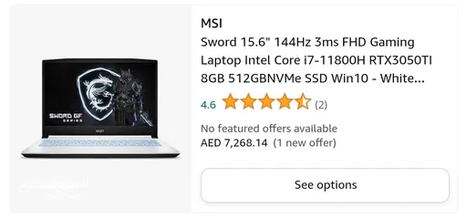  10 MSI Sword 15.6” FHD Gaming Laptop, i7-11800H, 16GB RAM, 1TB PCIe SSD, RTX 3050Ti, 144Hz, win 11