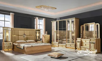  1 تصميم حديث غرفة نوم ملكيه خشبيه ذهبيه حجم كينج كامل