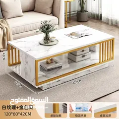  1 طاولة جانبية خشبية متينة بتصميم رخامي مناسبة لغرفة المعيشة وغرفة استقبال الضيوف اطار ستيل ذهبي