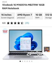 1 لابتوب اسوس كمبيوتر محمول Vivobook 16 M1605YA-MB279W بذاكرة وصول عشوائي (RAM) سعة 16 جيجابايت