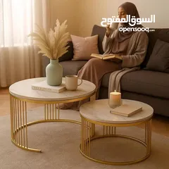  4 طاولات مودرن متداخلة فخمة تصميم راقٍ يجمع بين البساطة والأناقة، سطح رخامي أبيض بنقشة طبيعية