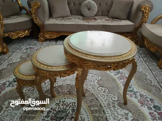  3 طقم كنب دمياط 9مقاعد اسفنج ضغط عالي وثقيل مع بردايتين زيبرا وطقم طربيزات رخام