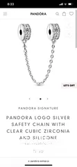  1 PANDORA SIGNATURE  PANDORA LOGO SILVER SAFETY CHAIN WITH CLEAR CUBIC ZIRCONIA AND SILICONE