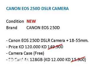  1 CANON EOS 250D DSLR + SD CARD 128GB + FREE CASE